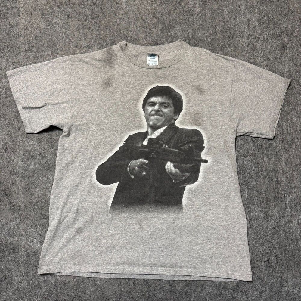Vintage 00S Y2K Delta Mens T-Shirt Size L Scarface Grey Big Print Al Pacino